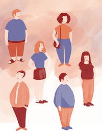 Colorful drawing of six female and male figures with different body sizes.